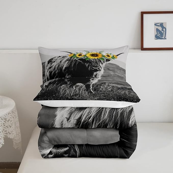 Highland Cow Comforter Set Twin Size Bull Cattle Flower Down Comforter Yellow Sunflower Western Funny Animal Cow Print Quilted Duvet Wild Animal Farmhouse Cow Bedding Comforters, with 1 Pillowcase - LeafyLoom