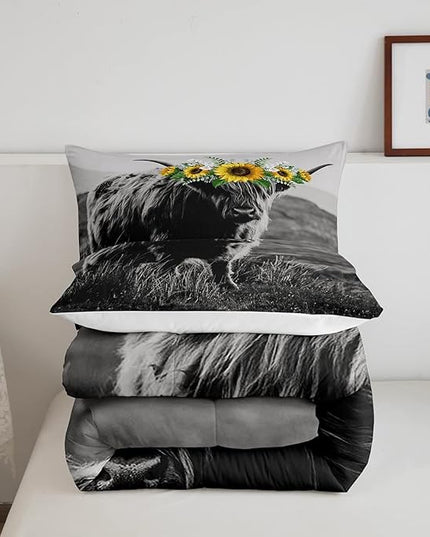 Highland Cow Comforter Set King Size for Adult Women Sunflower Cow Print Bedding Farmhouse Decor Wild Animal Cows with Gray Fur Quilted Duvet Decor 3 Pcs Bedding ,1 Duvet Cover + 2 Pillowcases - LeafyLoom