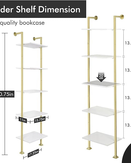 Axeman 5-Tier Ladder Bookcase, Tall Narrow Bookshelf for Small Spaces, Modern Book Storage Organizer Case Open Shelves for Living Room, Bedroom，Office, Library, Gold and White - LeafyLoom