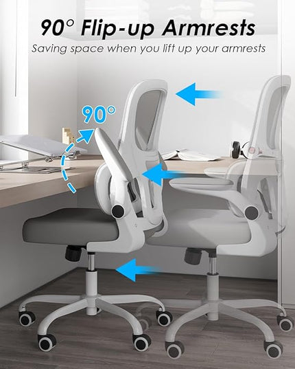 Soohow Ergonomic Home Office Chair, Mesh Desk Chair with Lumbar Support, Comfy Computer Desk Chair with Flip Armrest Rolling Wheels, Grey. - LeafyLoom