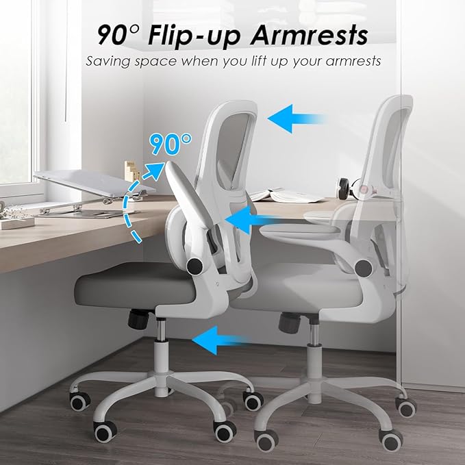 Soohow Ergonomic Home Office Chair, Mesh Desk Chair with Lumbar Support, Comfy Computer Desk Chair with Flip Armrest Rolling Wheels, Grey. - LeafyLoom