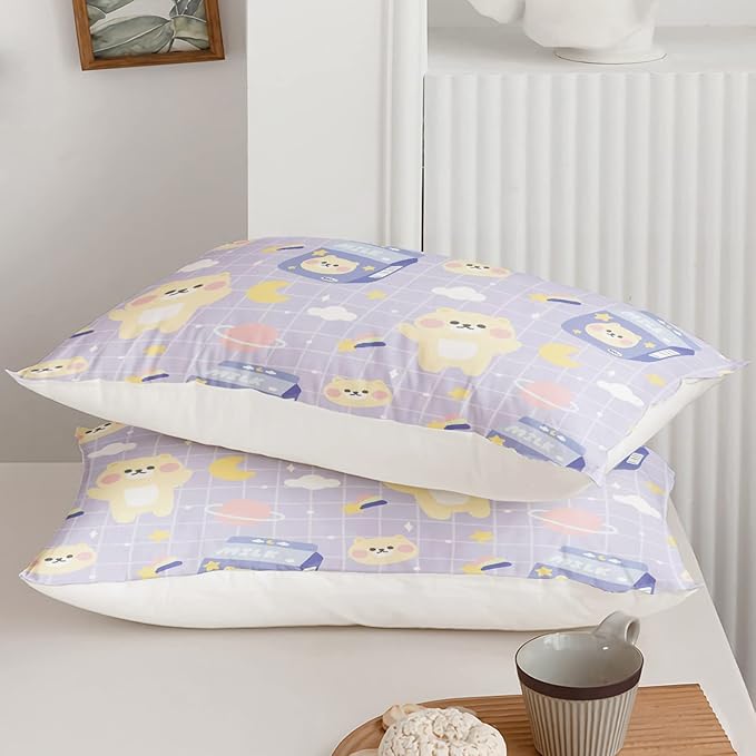Kawaii Bear Comforter Queen Size,Cartoon Bear Comforter Set for Kids Teens Girls,3Pcs Bedding Set Printed Comforter with 2 Pillowcases,Down Alternative,Soft and Lightweight(Purple，Queen Size) - LeafyLoom