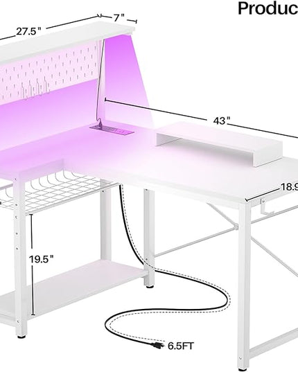 Homieasy Small Gaming Desk with Power Outlets Pegboard LED Light, 43 Inch L Shaped Computer Desk with Monitor Stand Storage Shelves, Reversible Corner Desk with Headset Hooks, White - LeafyLoom