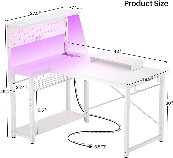 Homieasy Small Gaming Desk with Power Outlets Pegboard LED Light, 43 Inch L Shaped Computer Desk with Monitor Stand Storage Shelves, Reversible Corner Desk with Headset Hooks, White - LeafyLoom