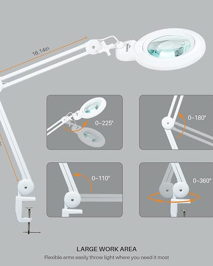 Bifocals Magnifying Desk Lamp with Clamp, 5 Diopter with 20 Diopter, 6 Inch Detachable Lens and 120PCS LEDs, 3 Color Modes 1200 Lumens Swivel Arm Magnifying Lamp with Light for Crafts - LeafyLoom