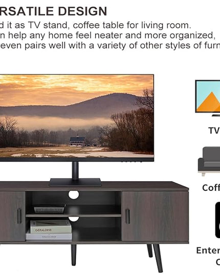 Iwell TV Stand for 55 inch TV, Mid Century Modern TV Stand with Storage, Entertainment Center with 2 Cabinet & 2 Shelves, Retro TV Console Table for Living Room, Bedroom, Black Oak - LeafyLoom