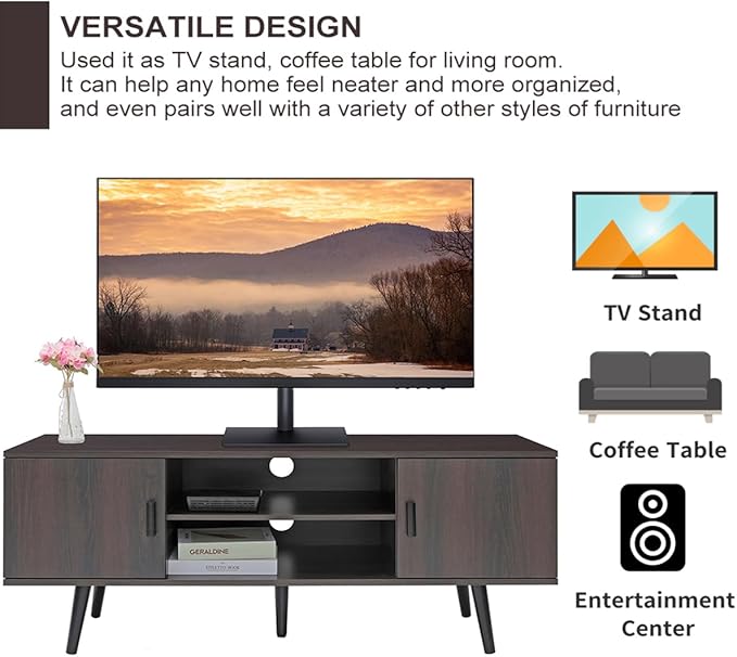 Iwell TV Stand for 55 inch TV, Mid Century Modern TV Stand with Storage, Entertainment Center with 2 Cabinet & 2 Shelves, Retro TV Console Table for Living Room, Bedroom, Black Oak - LeafyLoom