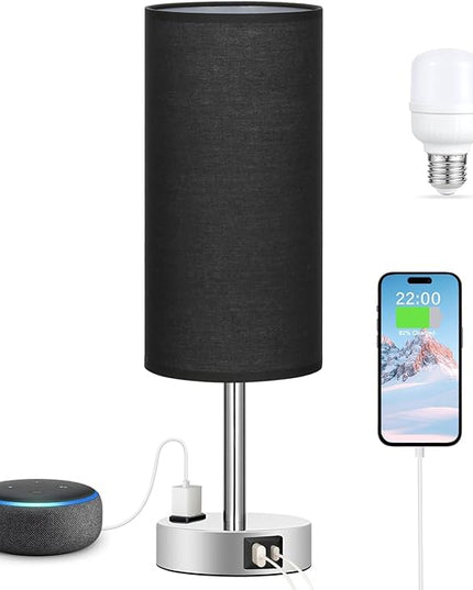 Black Bedroom Table Lamp for Bedside - 3 Way Dimmable Touch Lamp USB C A Charging Ports and AC Outlet, Small Desk Lamp for Nightstand for Living Room with Silver Base, Office Desk, LED Bulb Included - LeafyLoom