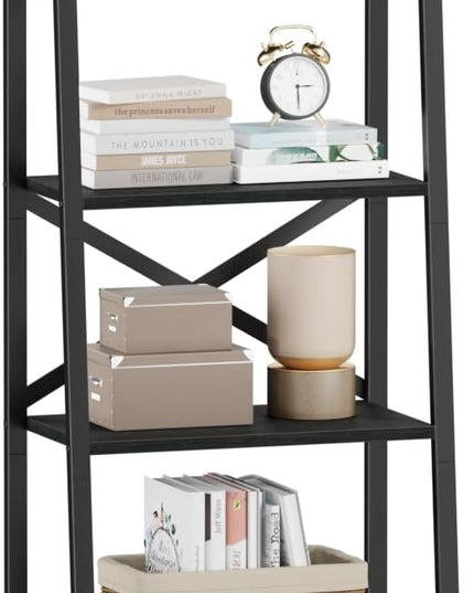 Furologee 5-Tier Ladder Shelf with 2 Drawers,Narrow Bookshelf Storage Shelves,Industrial Bookcase Freestanding Shelf Units for Bedroom,Living Room,Bathroom,Home Office,Balcony,Wood Metal, Black Oak - LeafyLoom