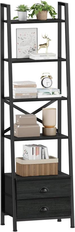 Furologee 5-Tier Ladder Shelf with 2 Drawers,Narrow Bookshelf Storage Shelves,Industrial Bookcase Freestanding Shelf Units for Bedroom,Living Room,Bathroom,Home Office,Balcony,Wood Metal, Black Oak - LeafyLoom
