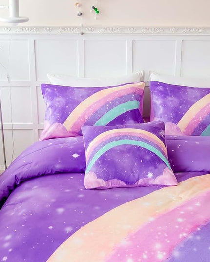 6 Pcs Kids Comforter Set Queen Size for Girls, 3D Colorful Rainbow Galaxy Bed in A Bag, Gradient Purple Glitter Bedding Comforter Collection for All Season - LeafyLoom