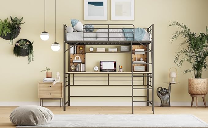 RITSU Full Size Loft Bed with Desk and Storage Shelves, Metal BedFrame,w/Ladder & Fenced Around Guardrails, Easy Assembly, for Adults, Kids, Teens, Black - LeafyLoom