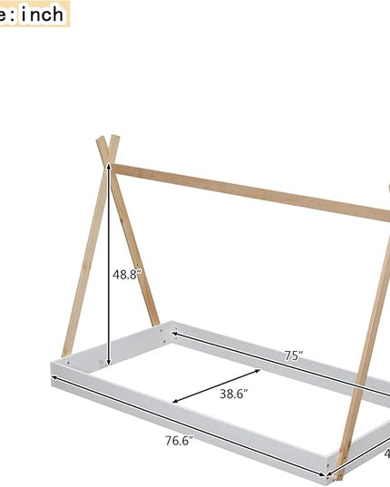 Bellemave Twin Size Tent Floor Bed Frame with Triangle Structure, Teepee Bed Platform Bed for Kids,Montessori Floor Bed for Girls Boys(Twin,White+Natural) - LeafyLoom