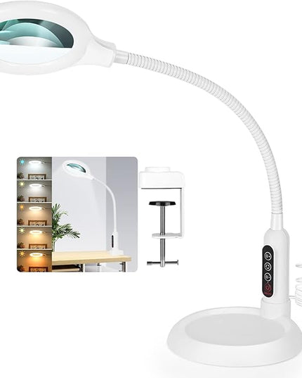 2-in-1 Magnifying Glass with Light and Stand, 5 Lighting Modes Stepless Dimmable LED Magnifying Clamp Lamp, 10X Desk Lighted Magnifier Hands Free for Craft Close Work Mini Painting Hobby White - LeafyLoom