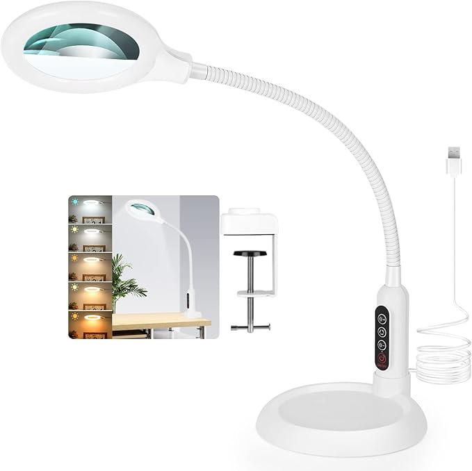 2-in-1 Magnifying Glass with Light and Stand, 5 Lighting Modes Stepless Dimmable LED Magnifying Clamp Lamp, 10X Desk Lighted Magnifier Hands Free for Craft Close Work Mini Painting Hobby White - LeafyLoom