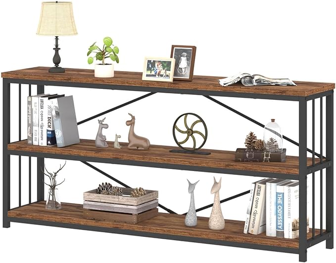 IBF Low Rustic 3 Tier Bookshelf, Industrial Horizontal Wood Bookcase, Farmhouse Long Wide Open Metal Etagere, Modern Large Vintage Book Shelf for Home Office Bedroom Living Room, Rustic Brown, 63 Inch - LeafyLoom