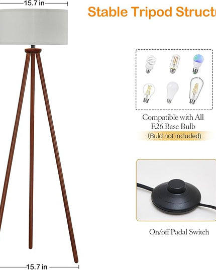 YUNHONG Tripod Floor Lamp, Dimmable Mid Century Floor Lamp Using Premium Flaxen Lamp Shade, Modern Design Standing Lamp with E26 Lamp Base, Wood Tall Floor Lamps for Living Room, Bedroom and Office - LeafyLoom