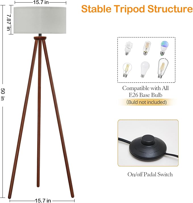 YUNHONG Tripod Floor Lamp, Dimmable Mid Century Floor Lamp Using Premium Flaxen Lamp Shade, Modern Design Standing Lamp with E26 Lamp Base, Wood Tall Floor Lamps for Living Room, Bedroom and Office - LeafyLoom