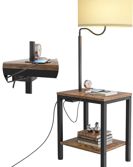 LED Floor Lamp with Table - Rustic End Table with USB Charging Port, Power Outlet, Bedside Nightstand Shelves, Side Table with Reading Standing Light for Living Room, Bedroom, Bulb Included - LeafyLoom