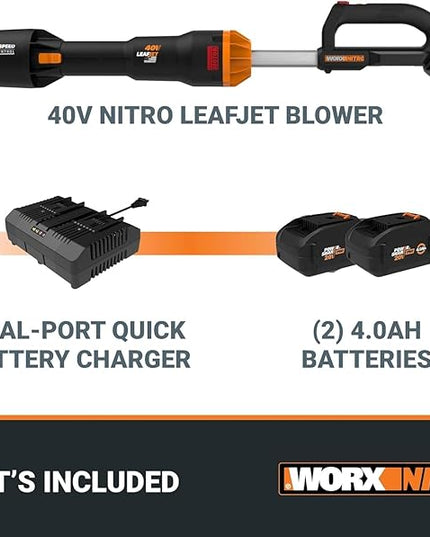 WORX Nitro 40V LEAFJET WG585 Leaf Blower Cordless with Battery & Charger, PowerShare, Blowers for Lawn Care Up to 165 MPH 620 CFM, Lightweight with High-Power Turbine Fan and Brushless Motor - LeafyLoom