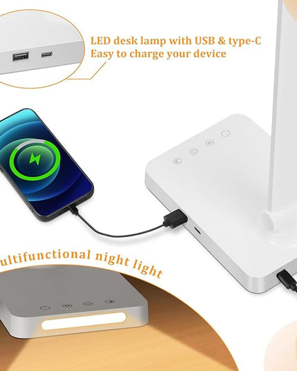 Dott Arts LED Desk Lamp with USB Ports,Touch Desk Lamps for Home Office with 5 Color Modes,3 Brightness Desk Light with Small Night Light,Reading Lamp Table LED Lamp for Bedroom Bedsid Study White - LeafyLoom