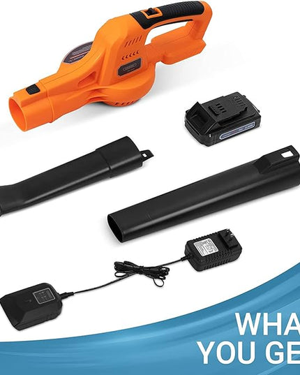 20V Cordless Leaf Blower with Battery and Charger, Leaf Blower Battery Operated, Rechargeable Electric Handheld Leaf Blower Variable Speed with 2 Tubes for Patio, Leaves Blowing-Orange - LeafyLoom