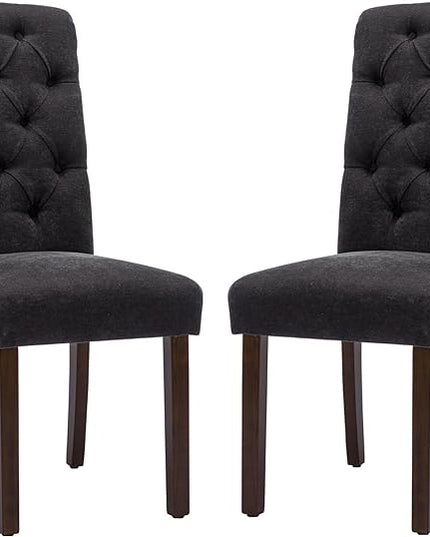 COLAMY Button Tufted Dining Chairs Set of 2, Parsons Upholstered Fabric Dining Room Chairs Kitchen Chairs with Wood Legs and Padded Seat, Black - LeafyLoom