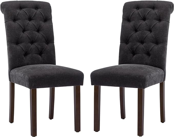 COLAMY Button Tufted Dining Chairs Set of 2, Parsons Upholstered Fabric Dining Room Chairs Kitchen Chairs with Wood Legs and Padded Seat, Black - LeafyLoom