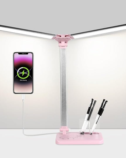 iVict LED Desk Lamp, Adjustable Table Foldable Lamp with USB Charging Port, 25 Lighting Modes, 45-Minute Auto Timer, Dual Swing Arm Desk Light with Pen Holde for Home Office/Study(Pink) - LeafyLoom