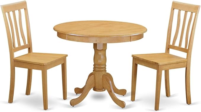 East West Furniture ANTI3-OAK-W Antique 3 Piece Set Contains a Round Kitchen Table with Pedestal and 2 Dining Room Chairs, 36x36 Inch - LeafyLoom