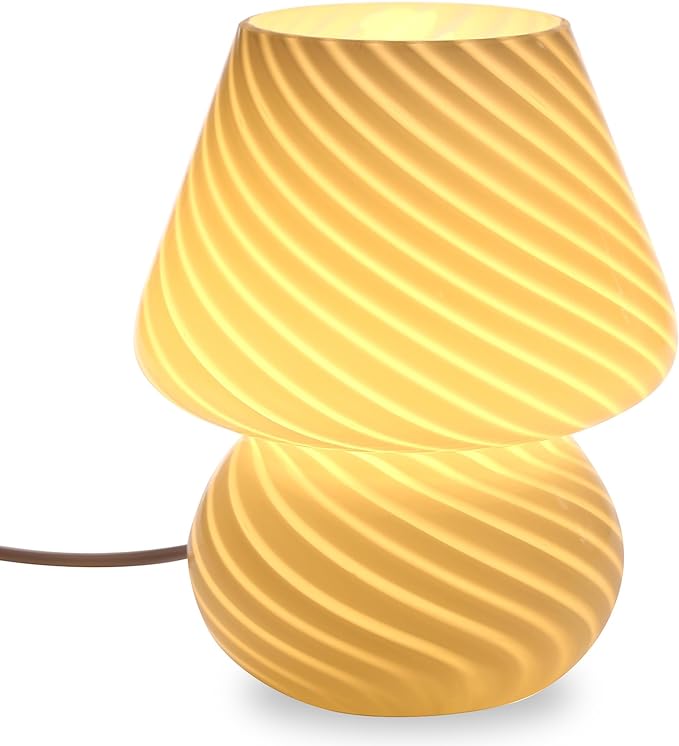 BSOD Mushroom Lamp,Glass Table Bedside Lamps Translucent Murano Vintage Style Striped Small Night Mushroom Decor Light Swirl for Ambient,Kids,Bedroom,Living,Girl Gift (Stripe White) - LeafyLoom