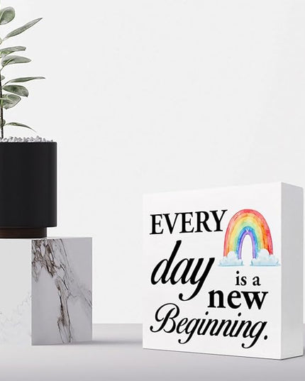 Positive Wood Box Sign Desk Decor,Every Day is a Fresh Beginning Wood Plaque Signs,Rustic Inspirational Wooden Block Sign Decor for Home Office Shelf Table Decoration C1076 - LeafyLoom