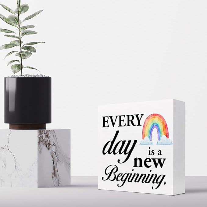 Positive Wood Box Sign Desk Decor,Every Day is a Fresh Beginning Wood Plaque Signs,Rustic Inspirational Wooden Block Sign Decor for Home Office Shelf Table Decoration C1076 - LeafyLoom