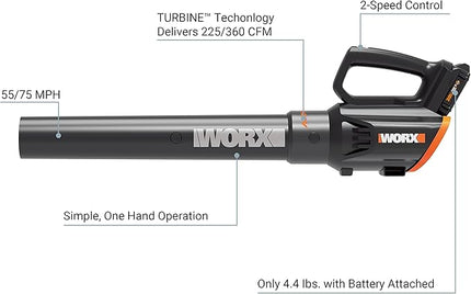 WORX Cordless Leaf Blower 20V WORXAIR Turbine Blower WG547.2 for Lawn Care Yard Work, 2 Variable Speed Control, 1 * 4.0 Ah Battery & Charger Included - LeafyLoom