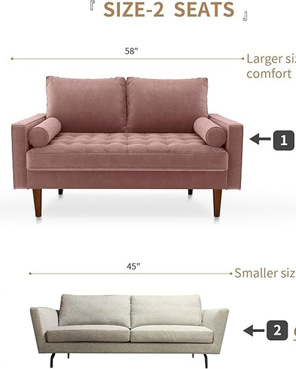 Velvet Furniture for Small Spaces, Mid-Century Modern Loveseats for Living Room, Love Seat Couch Sofas, 58 Inches, Rose - LeafyLoom