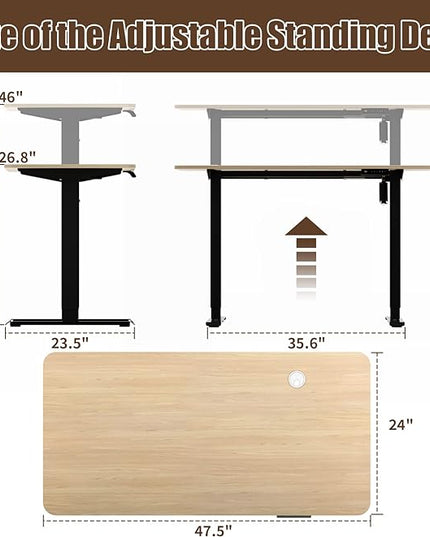 Height Adjustable Electric Standing Desk, 48 x 24 Inches Sit Stand up Desk, Home Office Desk with Whole-Piece Desktop, Maple Desktop/Black Frame - LeafyLoom