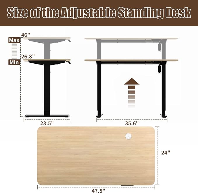 Height Adjustable Electric Standing Desk, 48 x 24 Inches Sit Stand up Desk, Home Office Desk with Whole-Piece Desktop, Maple Desktop/Black Frame - LeafyLoom