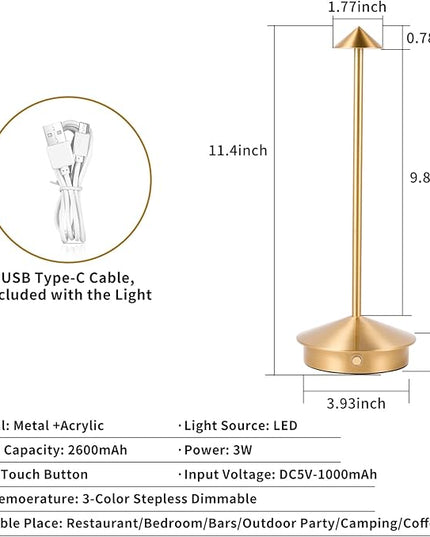 Rechargeable Battery Operated Desk Lamp with Touch Sensor Cordless Portable LED Table Lamp， Three-Level Dimmable Suitable for Bars/Cafes/Restaurants/Bedrooms/Camping Sites (Gold) - LeafyLoom