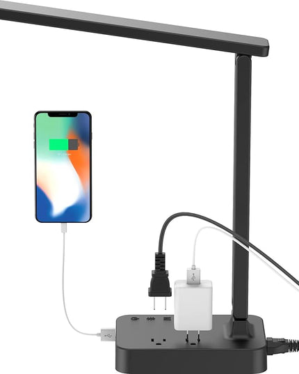 Drevet LED Desk Lamp, Desk Light with 1 USB Charging Port and 2 AC Power Outlet, 3 Lighting Modes, 3 Level Brightness,1H Timer, Touch Control, Eye-Caring Home Office Foldable Table Lamp (Black) - LeafyLoom