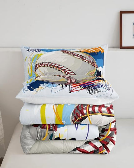 Erosebridal Baseball Comforter Set for Boys Kids Twin Grunge Graffiti Baseball Bedding Set Sports Theme Bed Comforter Sets Watercolor Hippie Tie Dye Quilt Duvet 1 Pillow Case Hand Drawn Navy - LeafyLoom