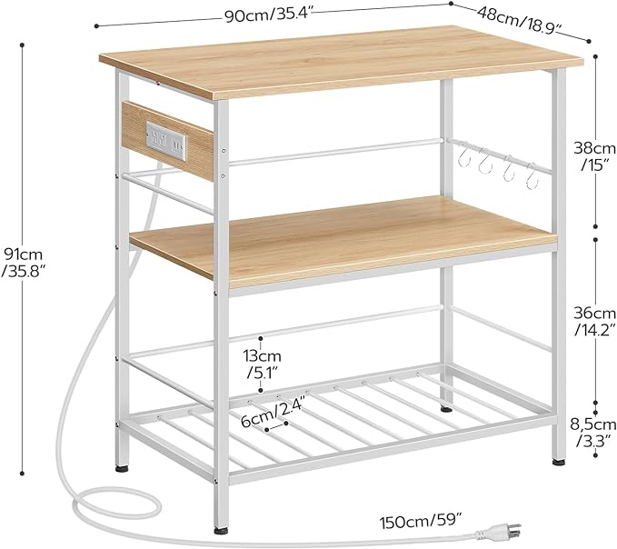 HOOBRO Kitchen Island with Storage, Kitchen Island Table with Power Outlet, 3 Tier Coffee Station and Microwave Stand, for Home, Kitchen and Dining Room, Natural and White WN021ZD01 - LeafyLoom
