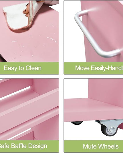 TEAMIX 4 Tier Slim Storage Cart with Handle, Pink Laundry Room Cart Between Washer and Dryer Rolling Narrow Kitchen Cart for Small Spaces (Pink, 5-1/2'' W) - LeafyLoom
