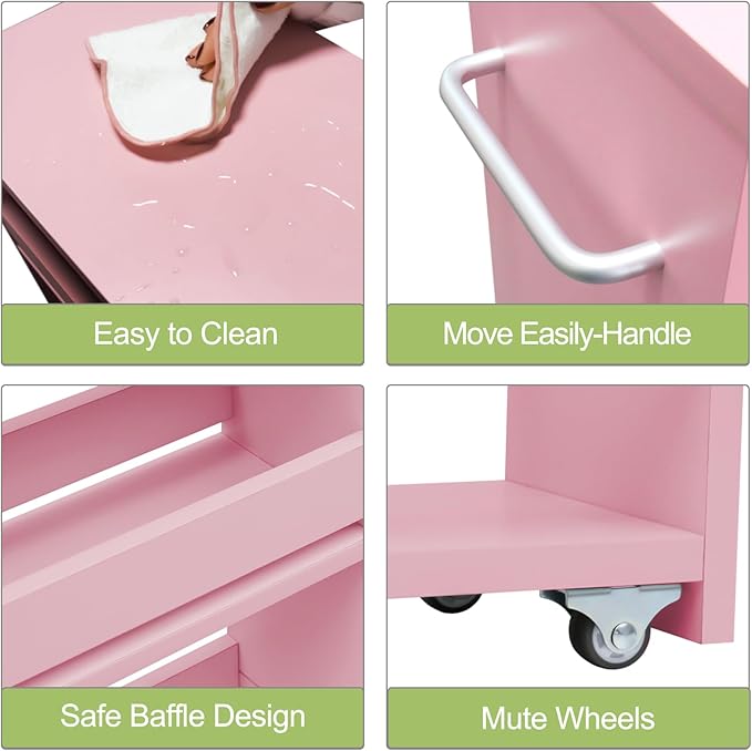 TEAMIX 4 Tier Slim Storage Cart with Handle, Pink Laundry Room Cart Between Washer and Dryer Rolling Narrow Kitchen Cart for Small Spaces (Pink, 5-1/2'' W) - LeafyLoom