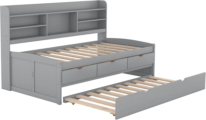 Twin Size Captain Bed with 3 Storage Drawers and Trundle, Wood Twin Bed Frame with Built-in Bookshelves for Kids Teens Adults, Light Gray - LeafyLoom