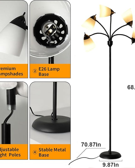 DINGLILIGHTING Floor Lamp Tall for Room: Flexible Gooseneck Floor Lamps Standing for Bedroom Home Office - Modern Floor Lights 5-Light - LeafyLoom