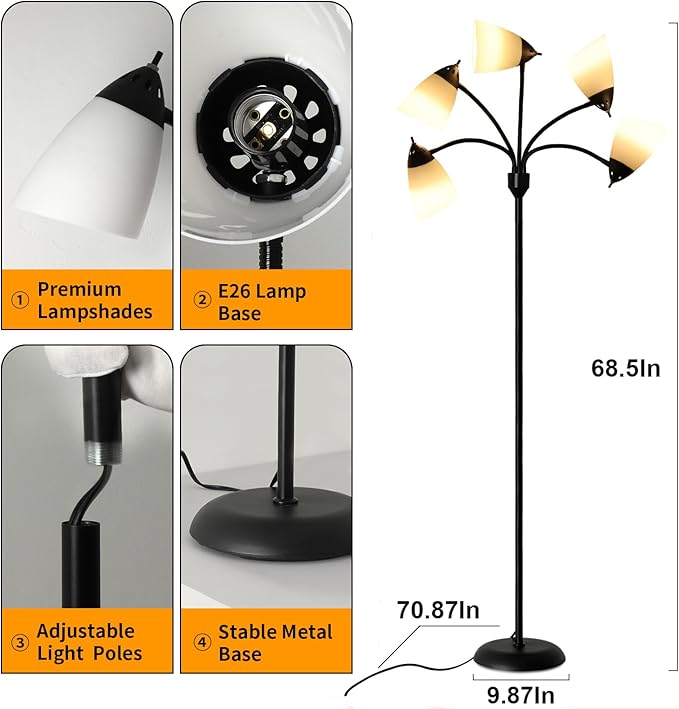 DINGLILIGHTING Floor Lamp Tall for Room: Flexible Gooseneck Floor Lamps Standing for Bedroom Home Office - Modern Floor Lights 5-Light - LeafyLoom