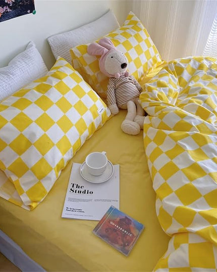 Wellboo Yellow and White Comforter Sets Full Women Men Bright Yellow Checkerboard Grid Bedding Comforters Cotton Boys Girls Modern Light Yellow Checkered Geometric Quilts Luxury Elegant Yellow Bed - LeafyLoom