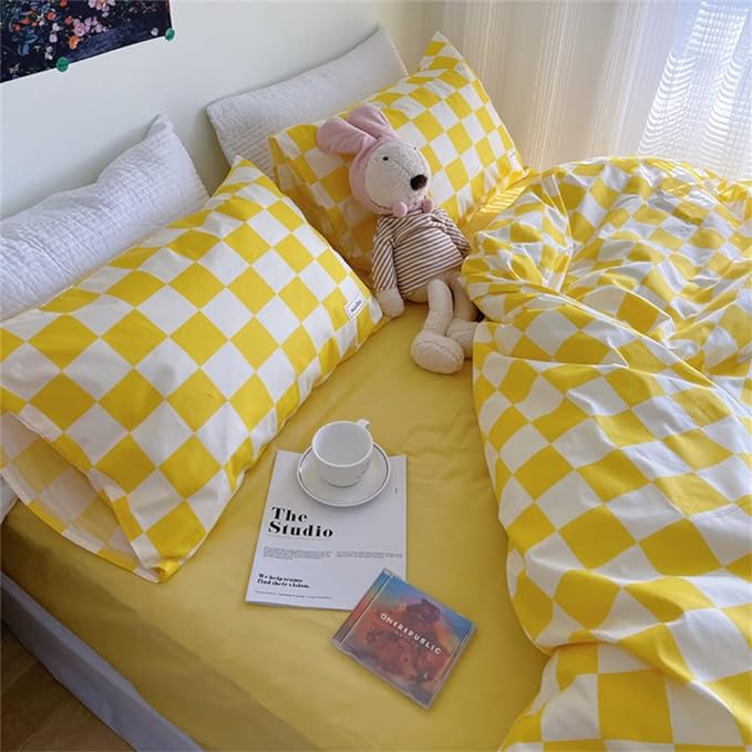 Wellboo Yellow and White Comforter Sets King Women Men Bright Yellow Checkerboard Grid Bedding Comforters Cotton Boys Girls Modern Light Yellow Checkered Geometric Quilts Luxury Elegant Yellow Bed - LeafyLoom