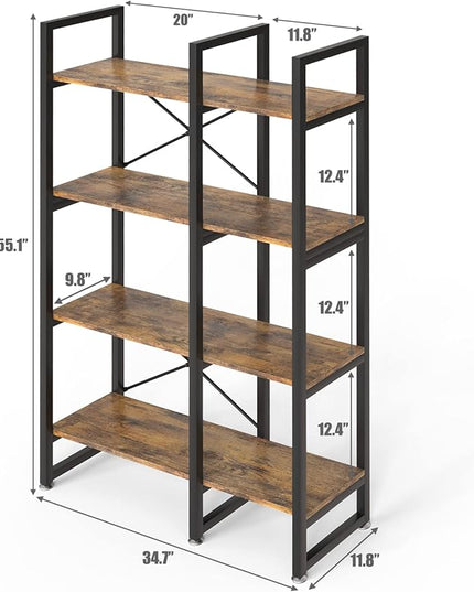 4 Tier Bookcase and Bookshelf, Rustic Industrial Bookshelf, Large Etagere Bookshelf Open Display Shleves with Metal Frame for Living Room Bedroom Home Office, Rustic Brown - LeafyLoom