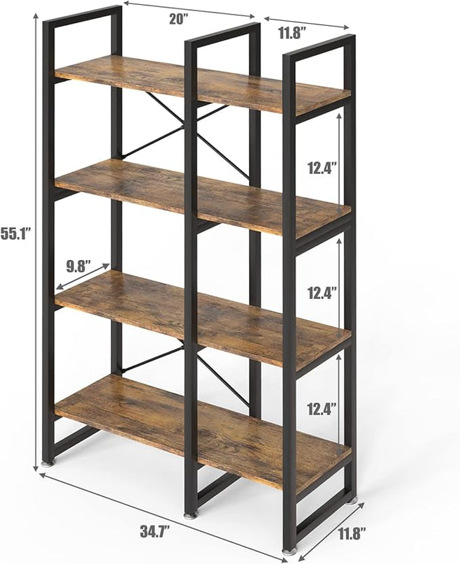 4 Tier Bookcase and Bookshelf, Rustic Industrial Bookshelf, Large Etagere Bookshelf Open Display Shleves with Metal Frame for Living Room Bedroom Home Office, Rustic Brown - LeafyLoom
